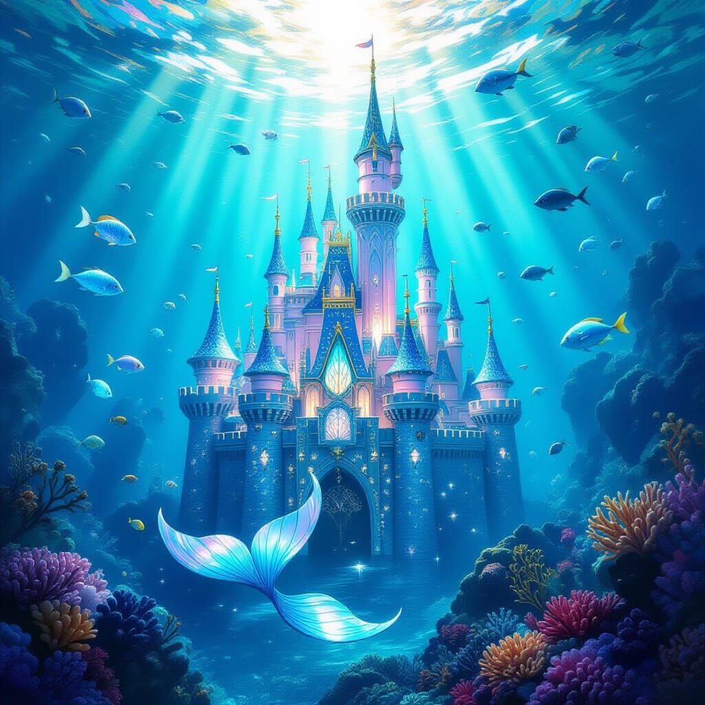 Majestic Mermaid Castle Shimmers Underwater