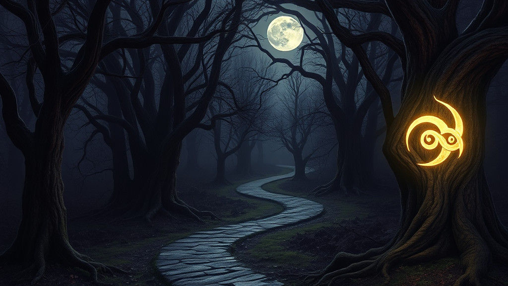 Mystical Forest Path Under Moonlight, Digital Matte Painting