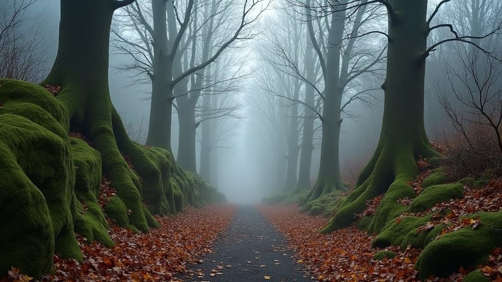 Mystical Forest Path in Autumn Twilight