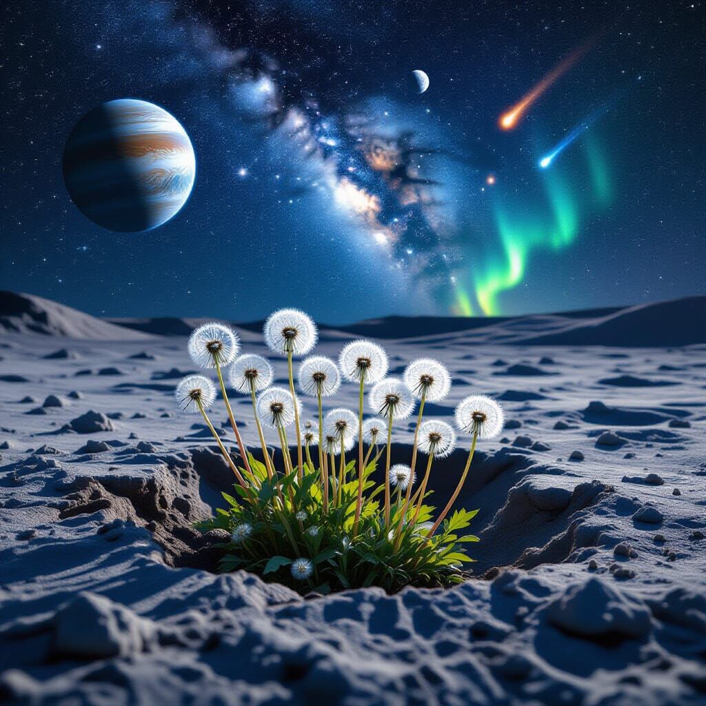 Dandelions Bloom on the Moon in Starry Sky