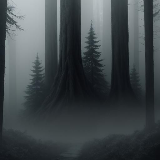 Eerie Cloaked Figure in Misty Forest, Charcoal Drawing