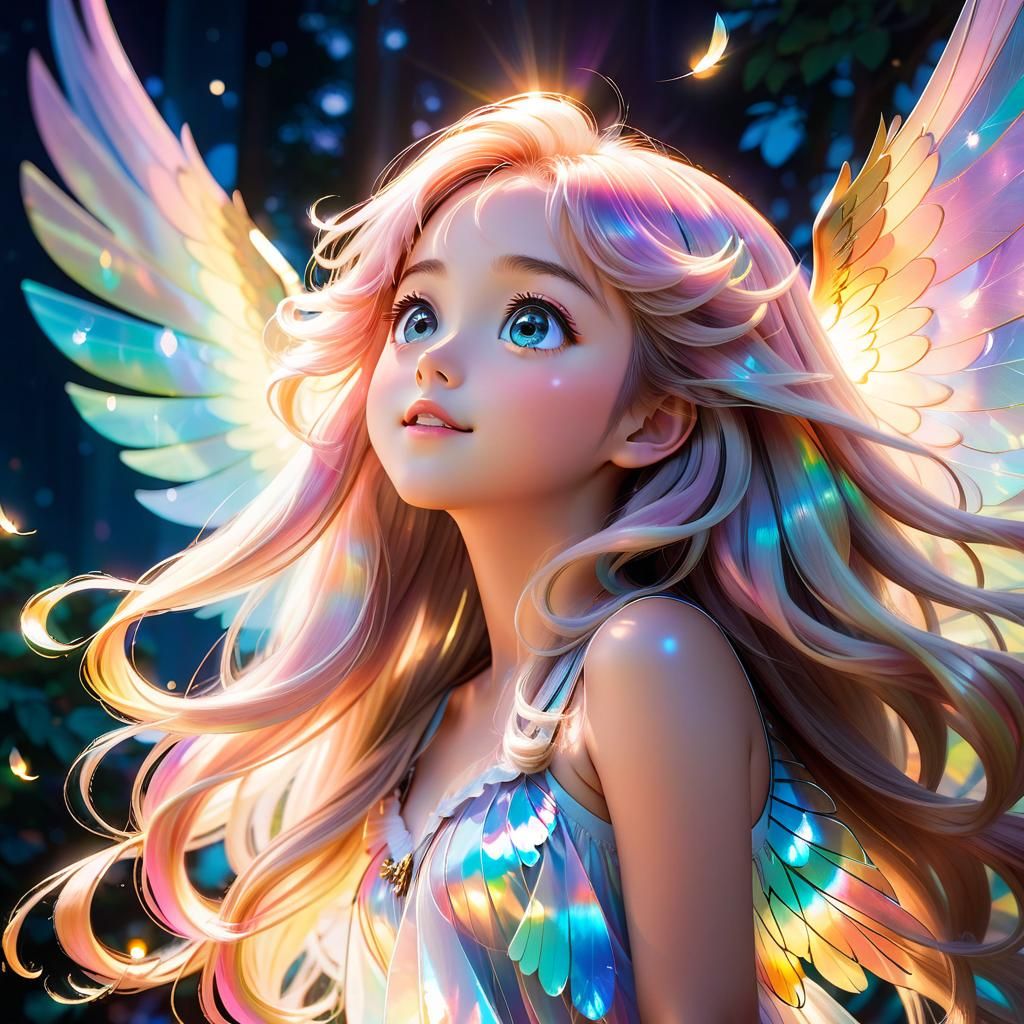 Anime Girl with Iridescent Wings in Double Exposure