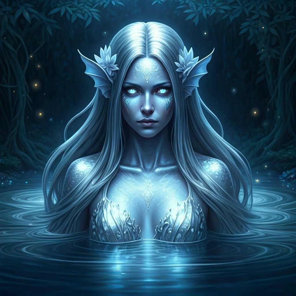 Silver Naiad Emerging from Glowing Fey Springs under Moonlig...