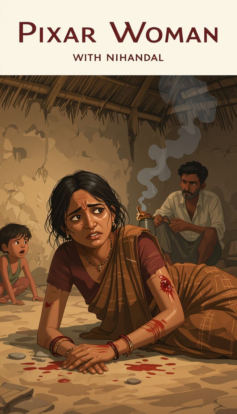 Injured Woman in Hut: Pixar-Inspired Emotional Realism