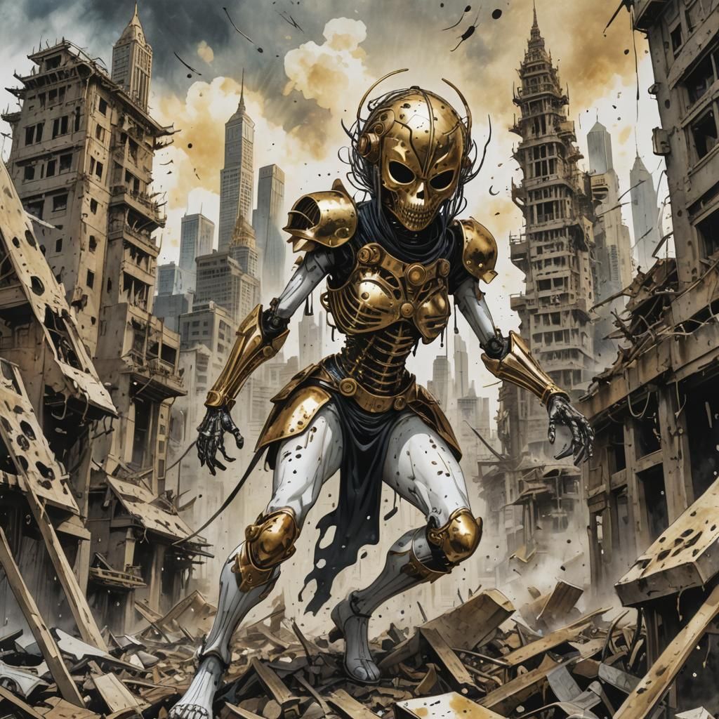 Afrofuturist Warrior in Ruined Cityscape: Japanese Ink Comic...