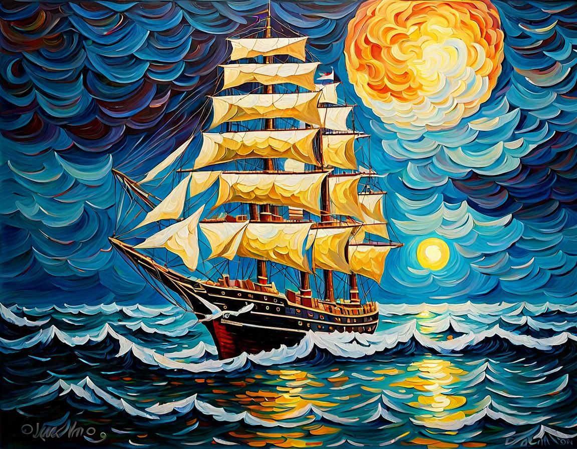 Clipper Ship at Night: Neo-Impressionist Oil Painting