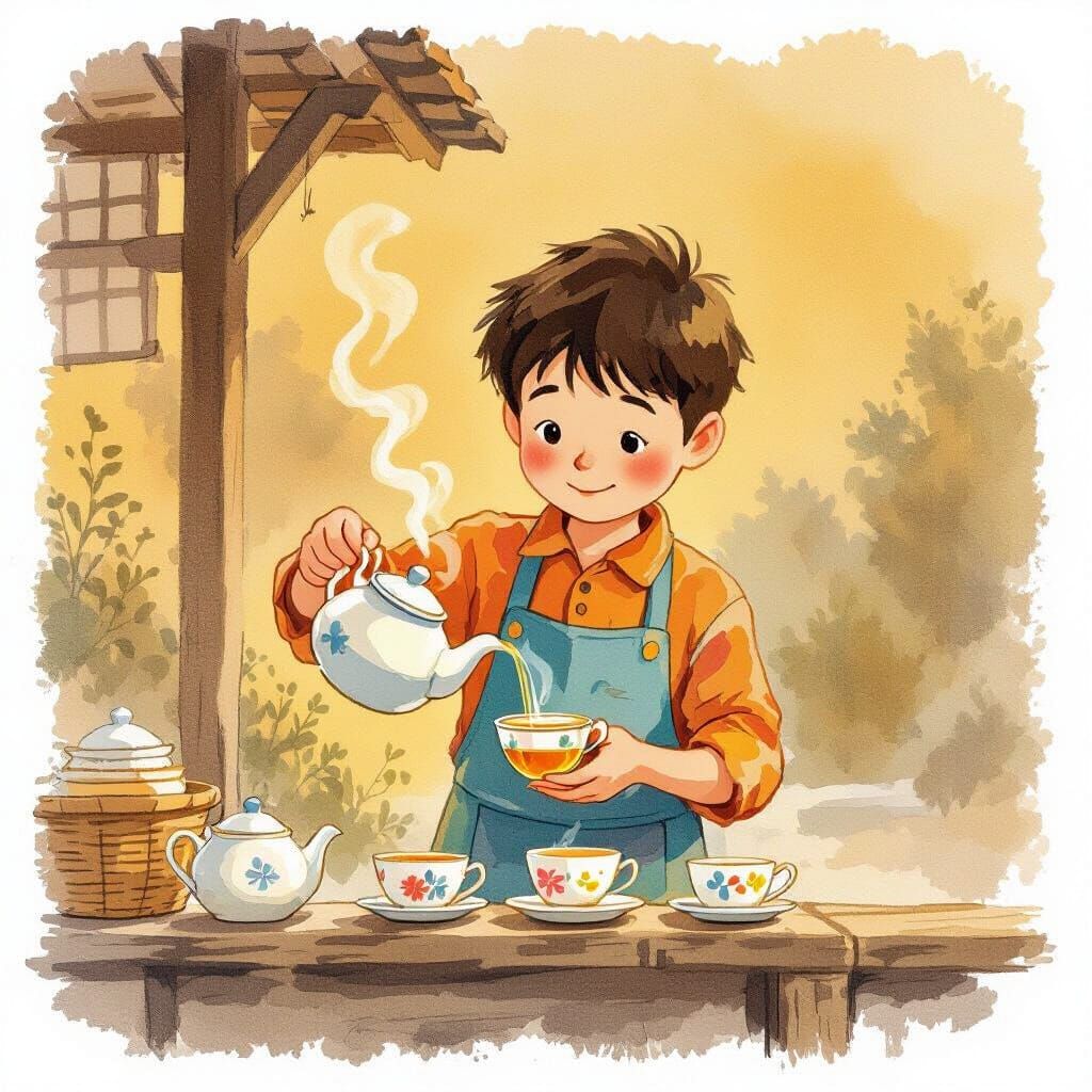 Boy Pouring Tea, Storybook Illustration