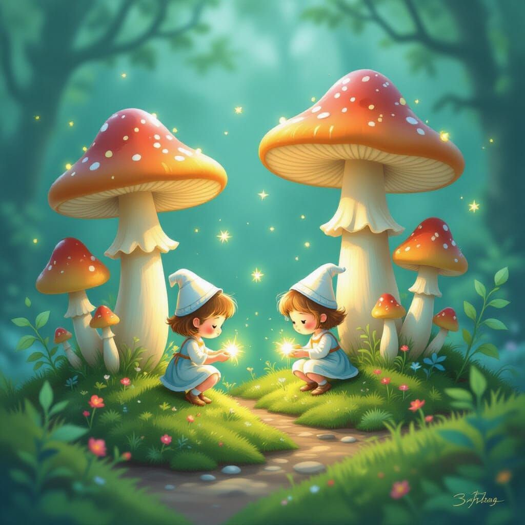 Magical Sprites Tending Giant Mushrooms in Enchanted Forest