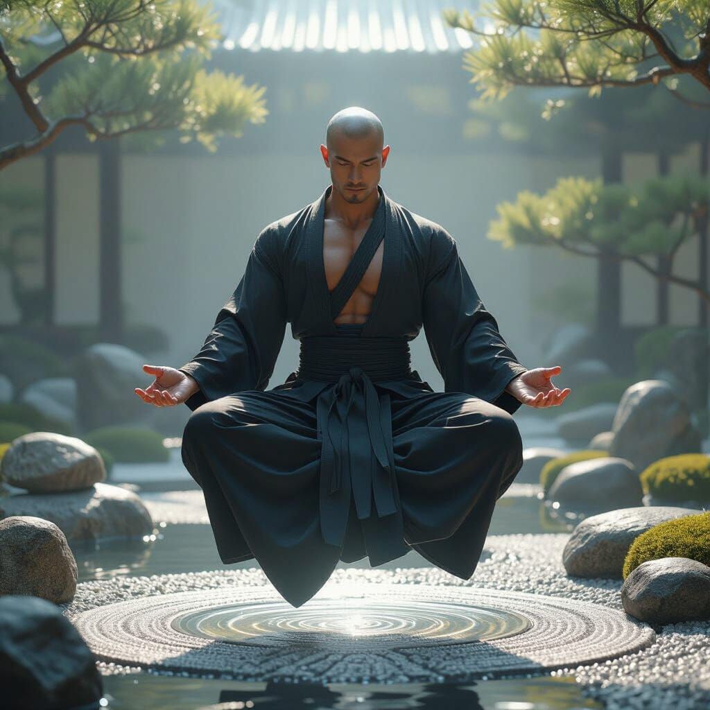 Cyberpunk Monk Levitation in Zen Garden