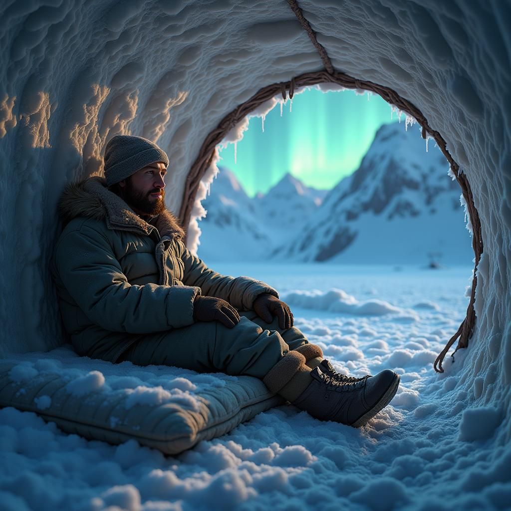 Aurora-Lit Igloo in High Mountain Setting