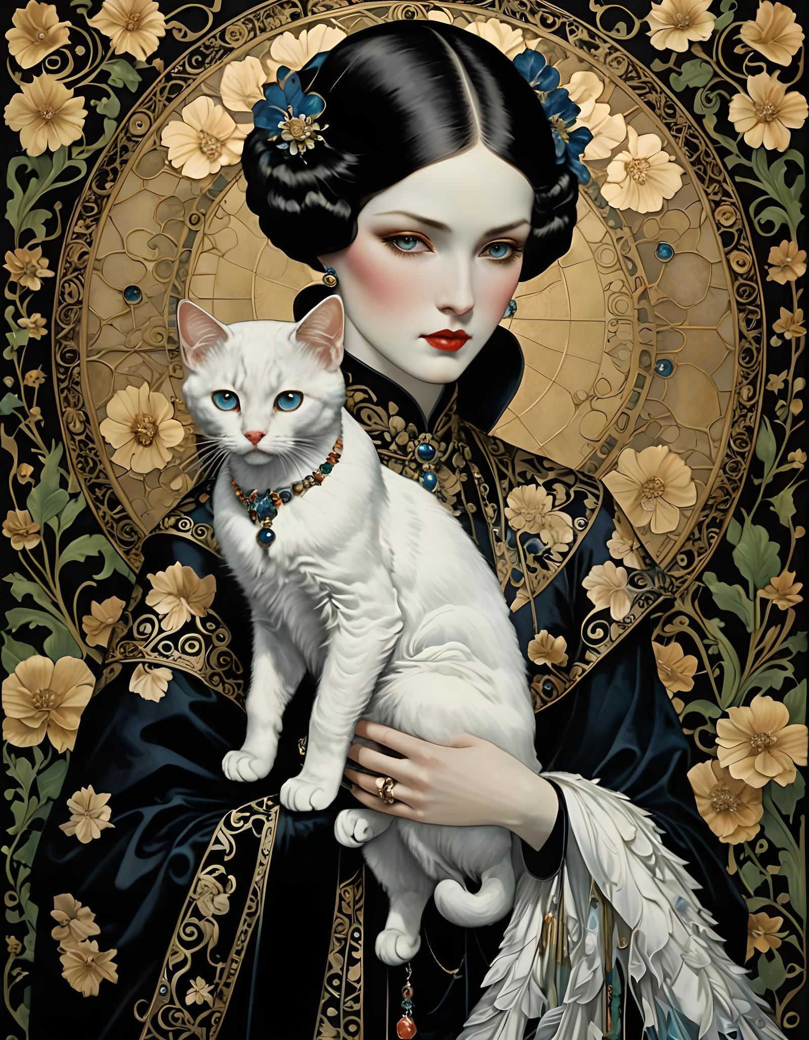 Woman with Siamese Cat in Cloisonné Style
