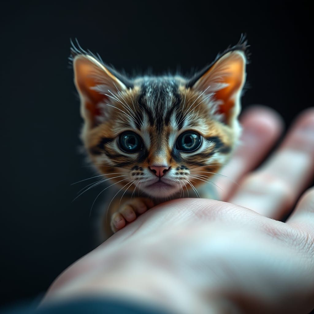 Miniature Cat on Hand in Hyper-Realistic Style