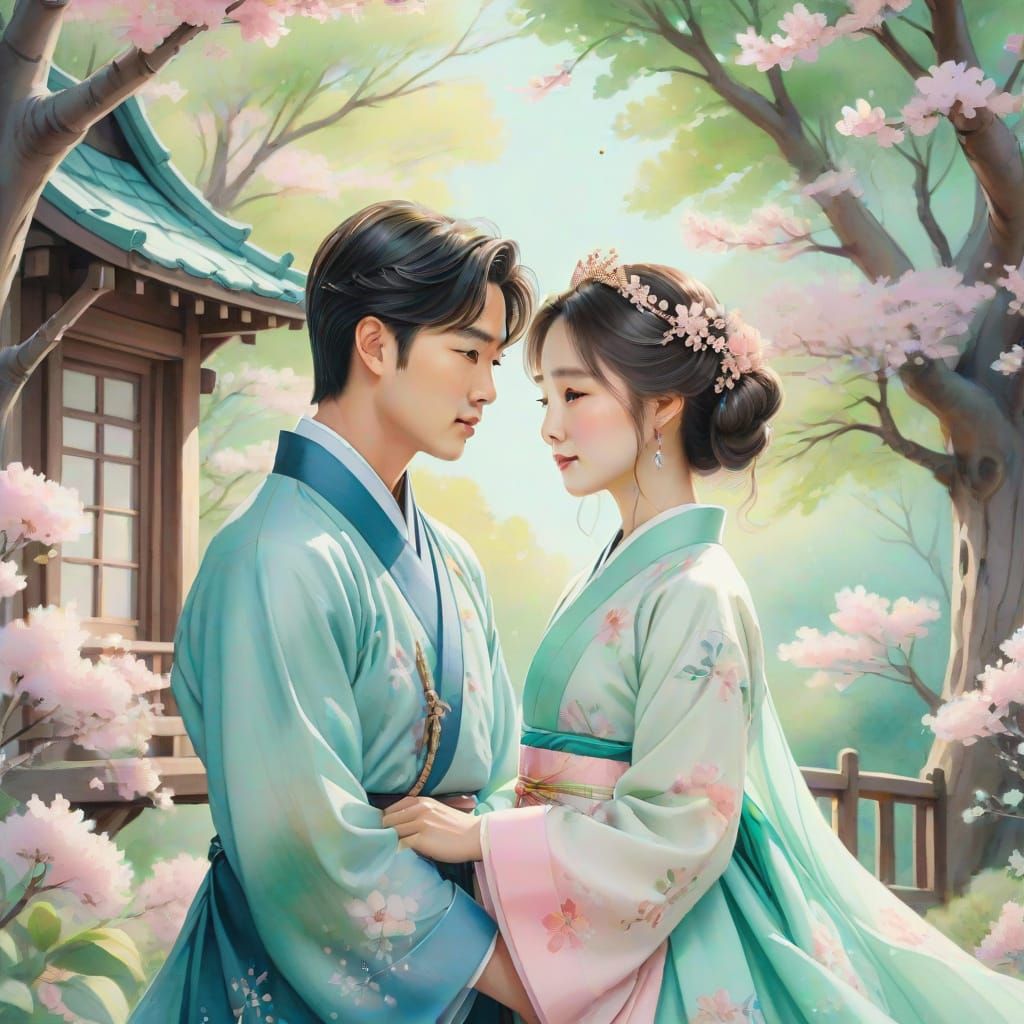 Romantic Pastel Hanbok Couple in Whimsical Treehouse