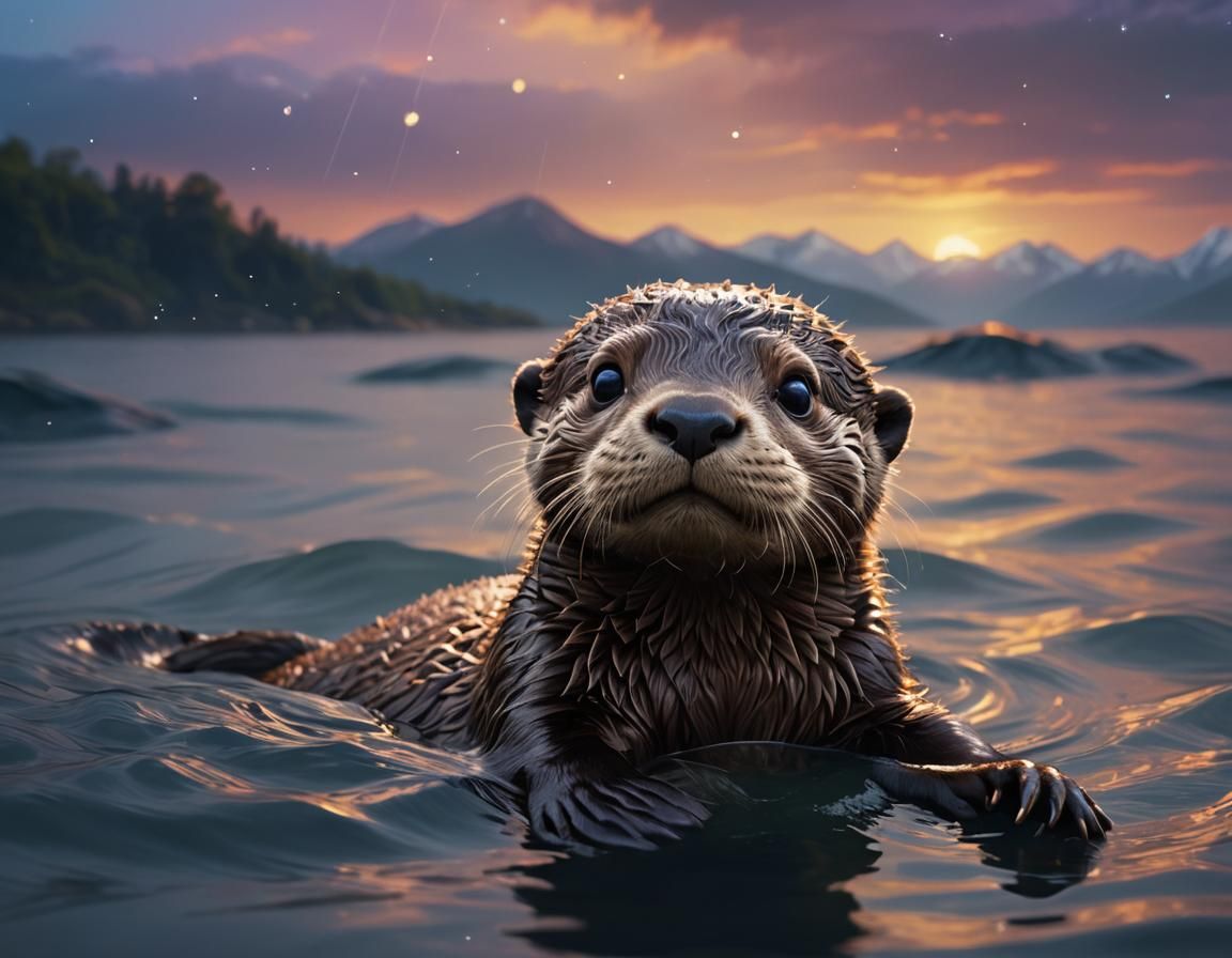 Cute Baby Otter Swimming in Vivid Colors