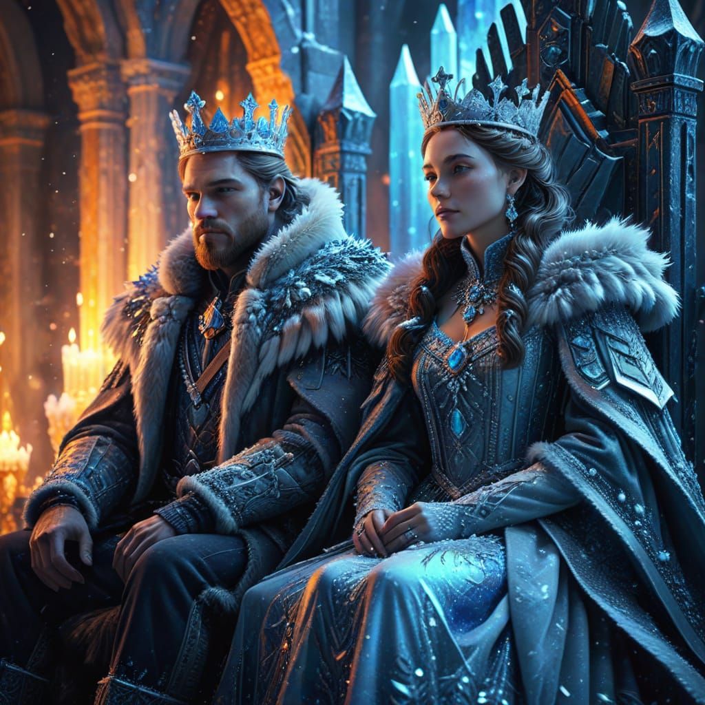 Icy Throne Room with King and Queen: Fantasy Oil Painting