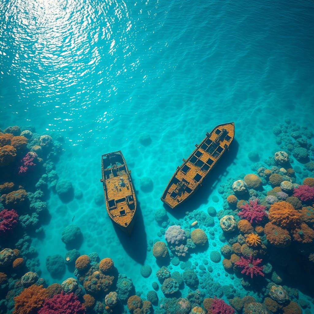 Colorful Coral Reefs and Shipwrecks in Turquoise Sea