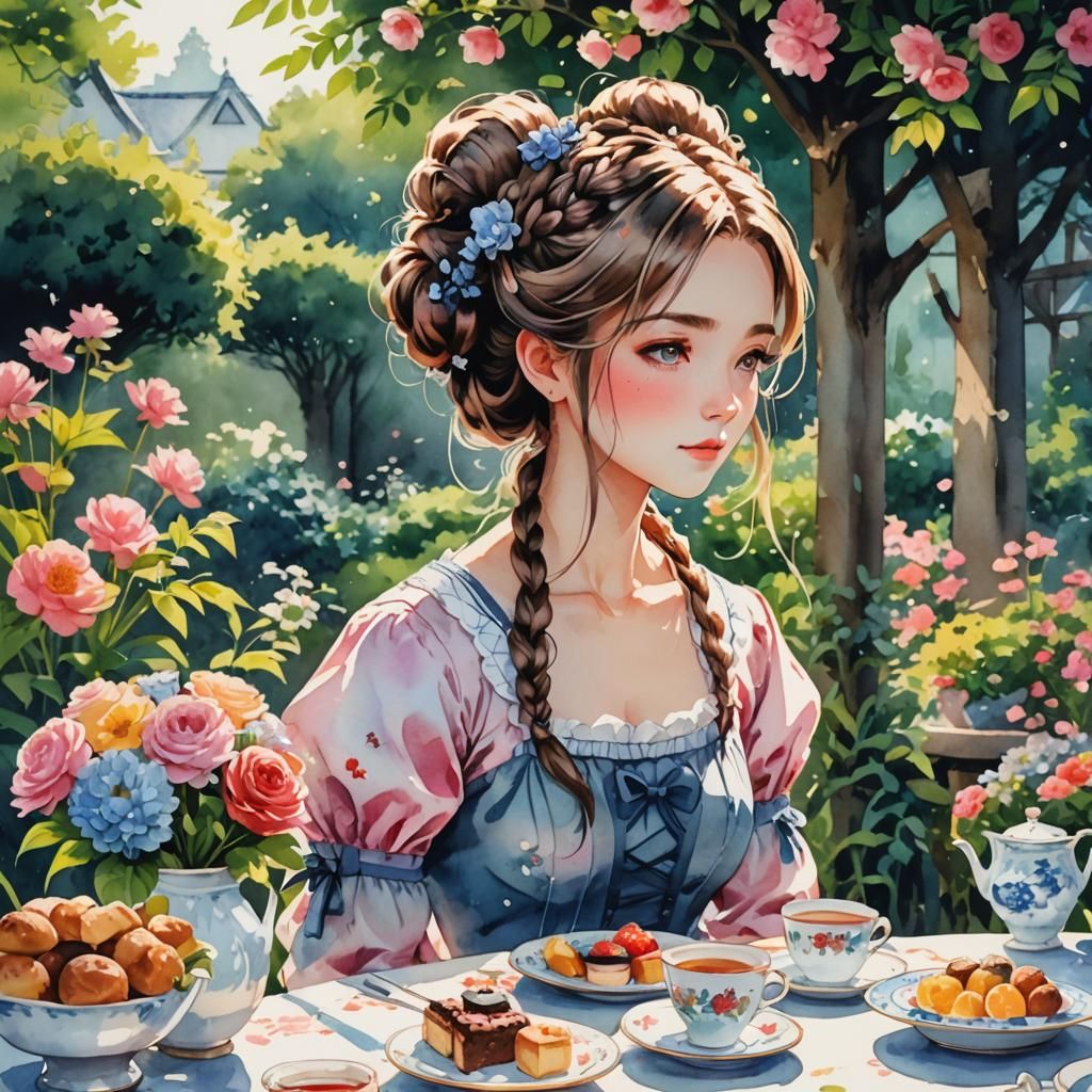 Anime Girl Attends Tea Party in Watercolor Style
