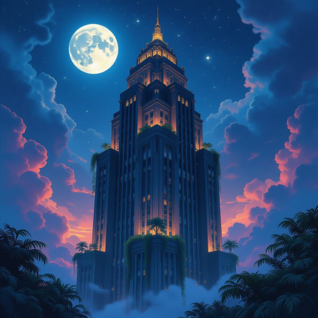 Art Deco Skyscraper in Nebula Sky with Alien Flora