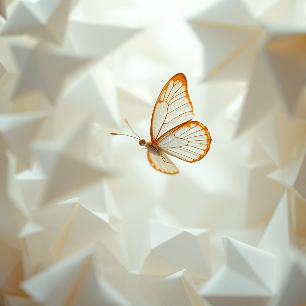 Delicate Butterfly Flying Among Origami Paper Folds