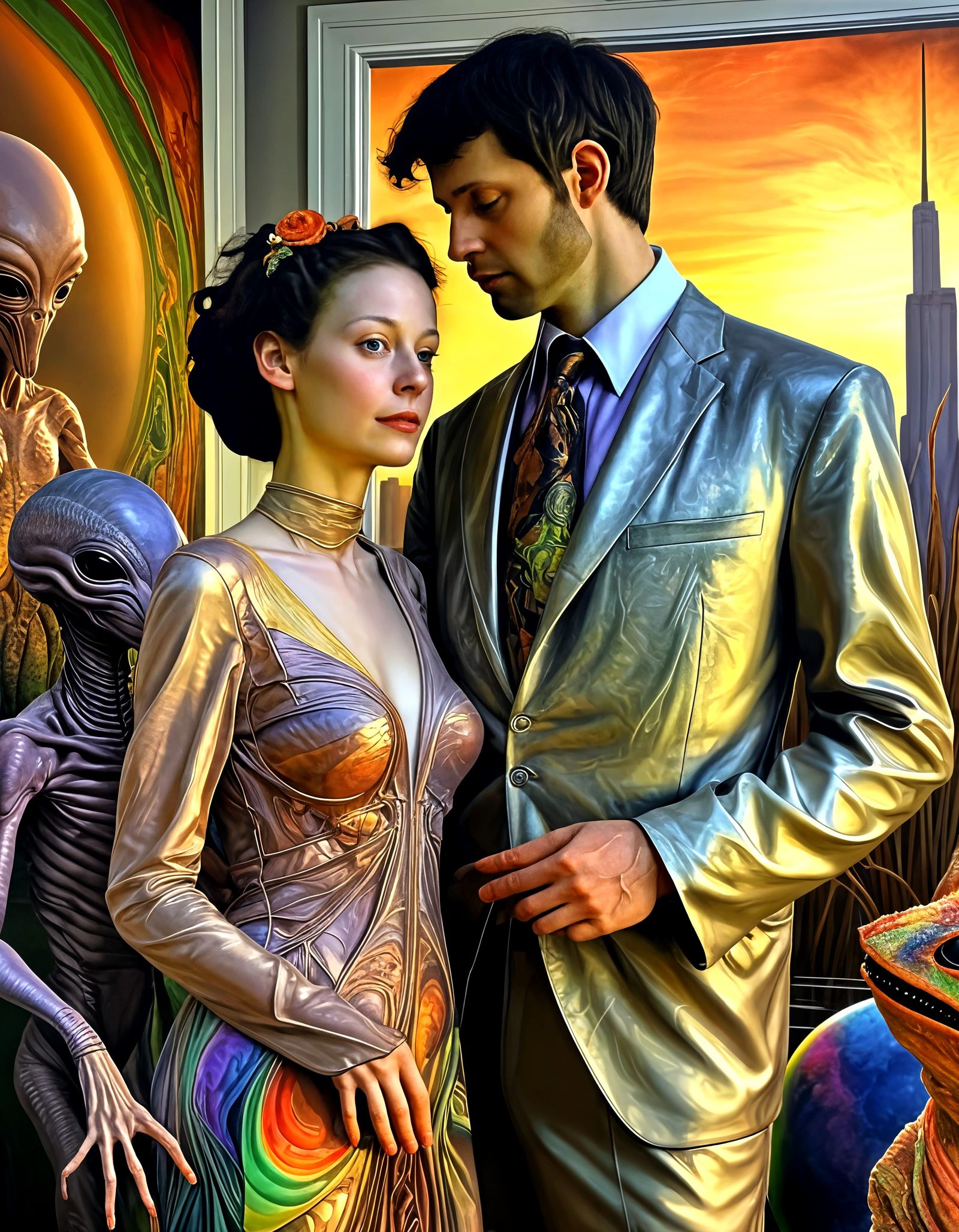 Hyperrealistic Party Scene with Aliens and Humans