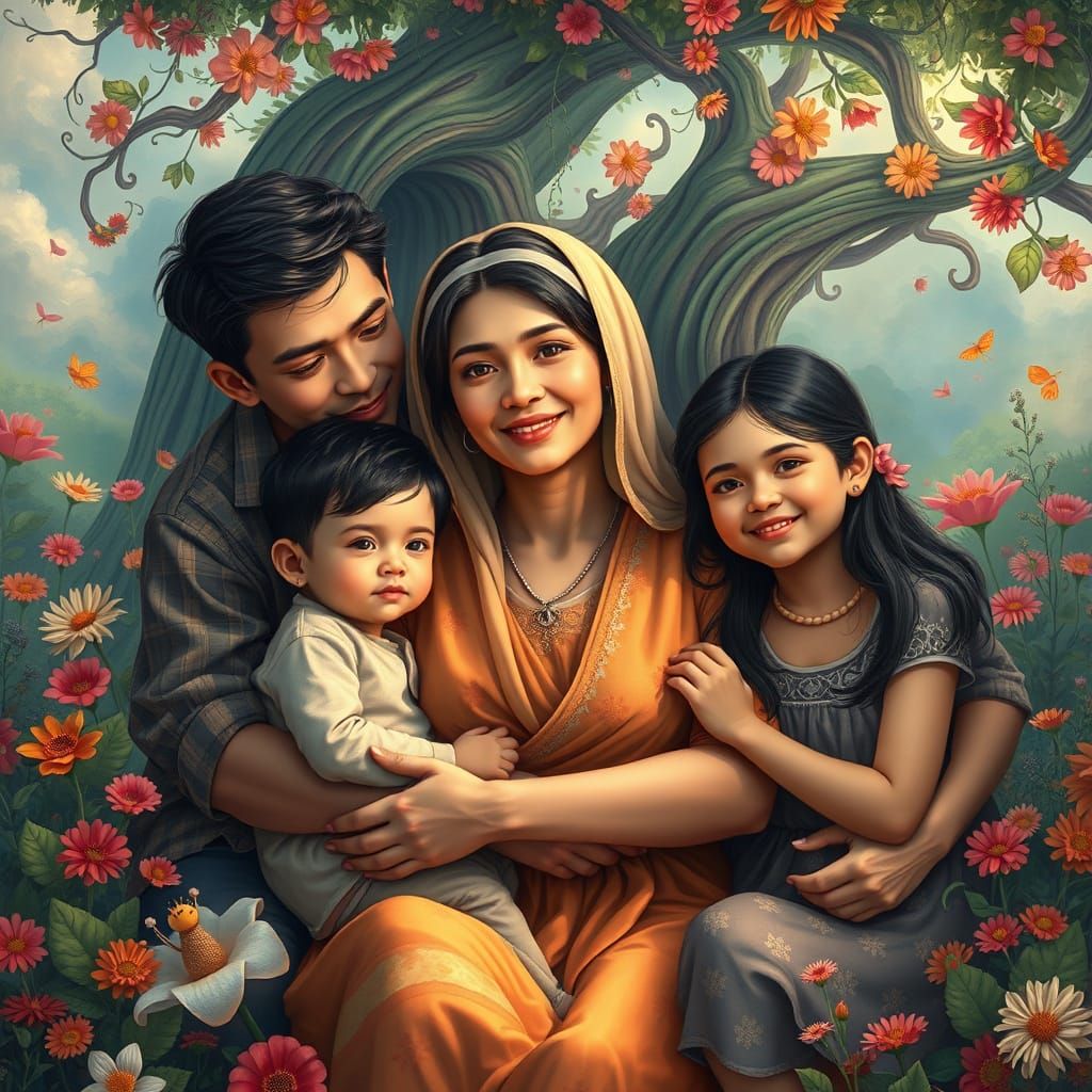 Warm Mother Surrounded by Loving Family in Whimsical Landsca...