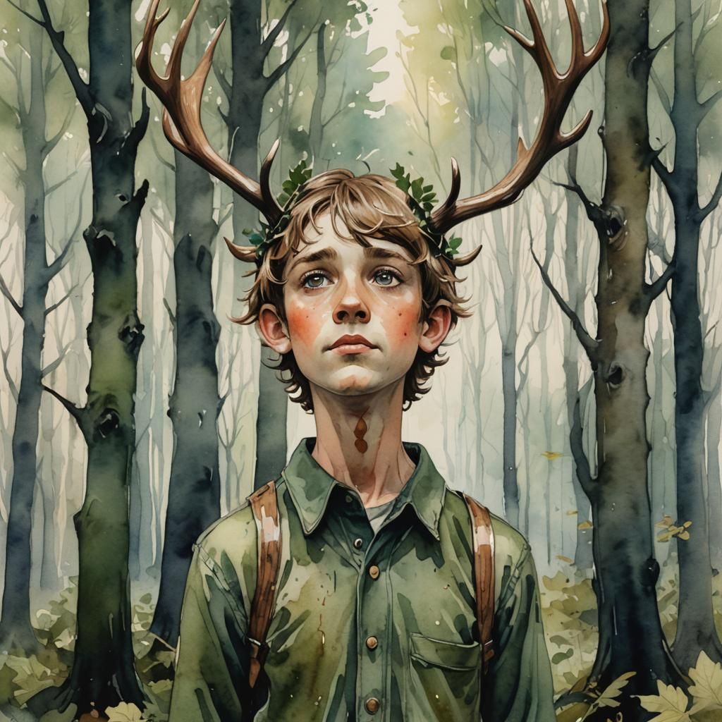 Young Irish Lad with Antlers: Watercolor Illustration