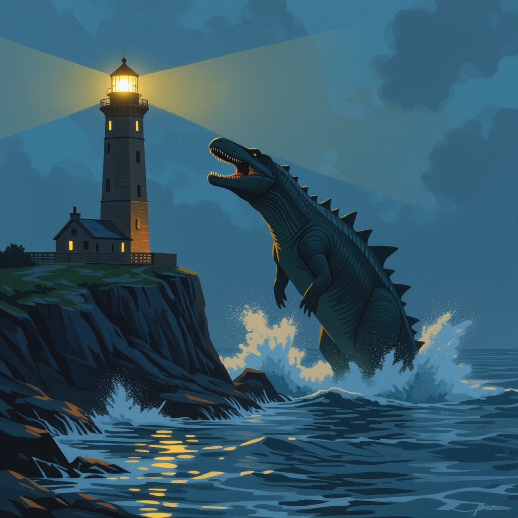 Mosasaurus Leaps from Sea Near Lighthouse