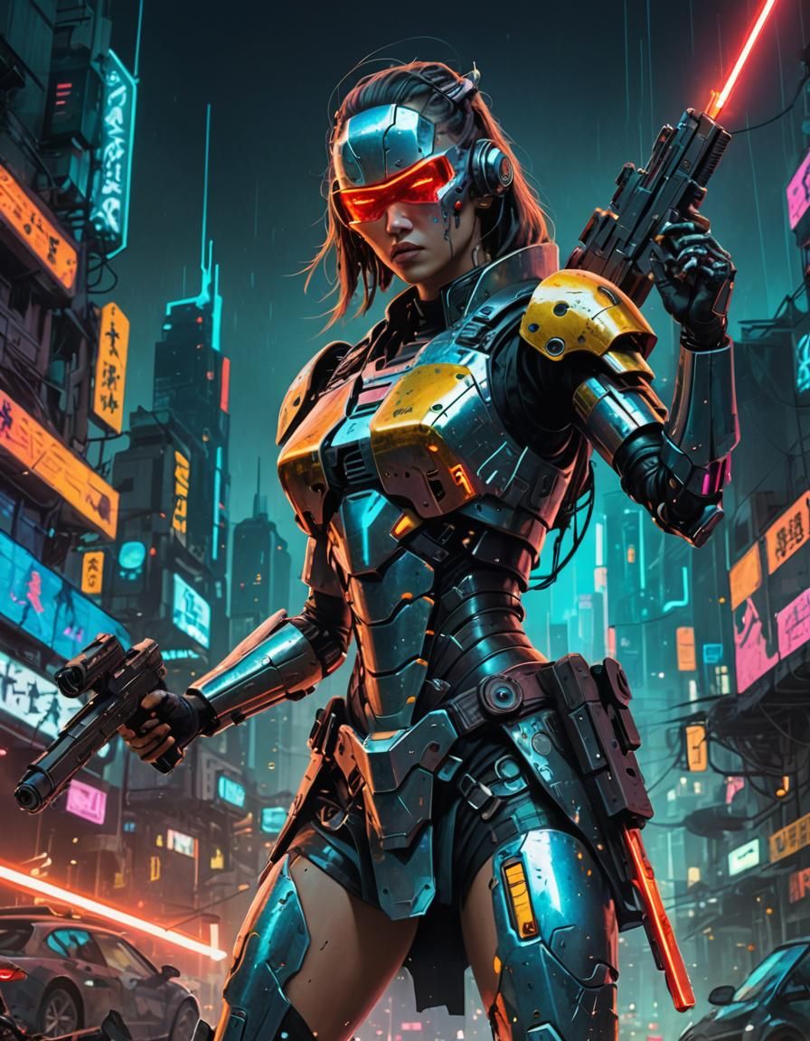 Cyberpunk Robot Warrior with Laser Rifle, Splash Art