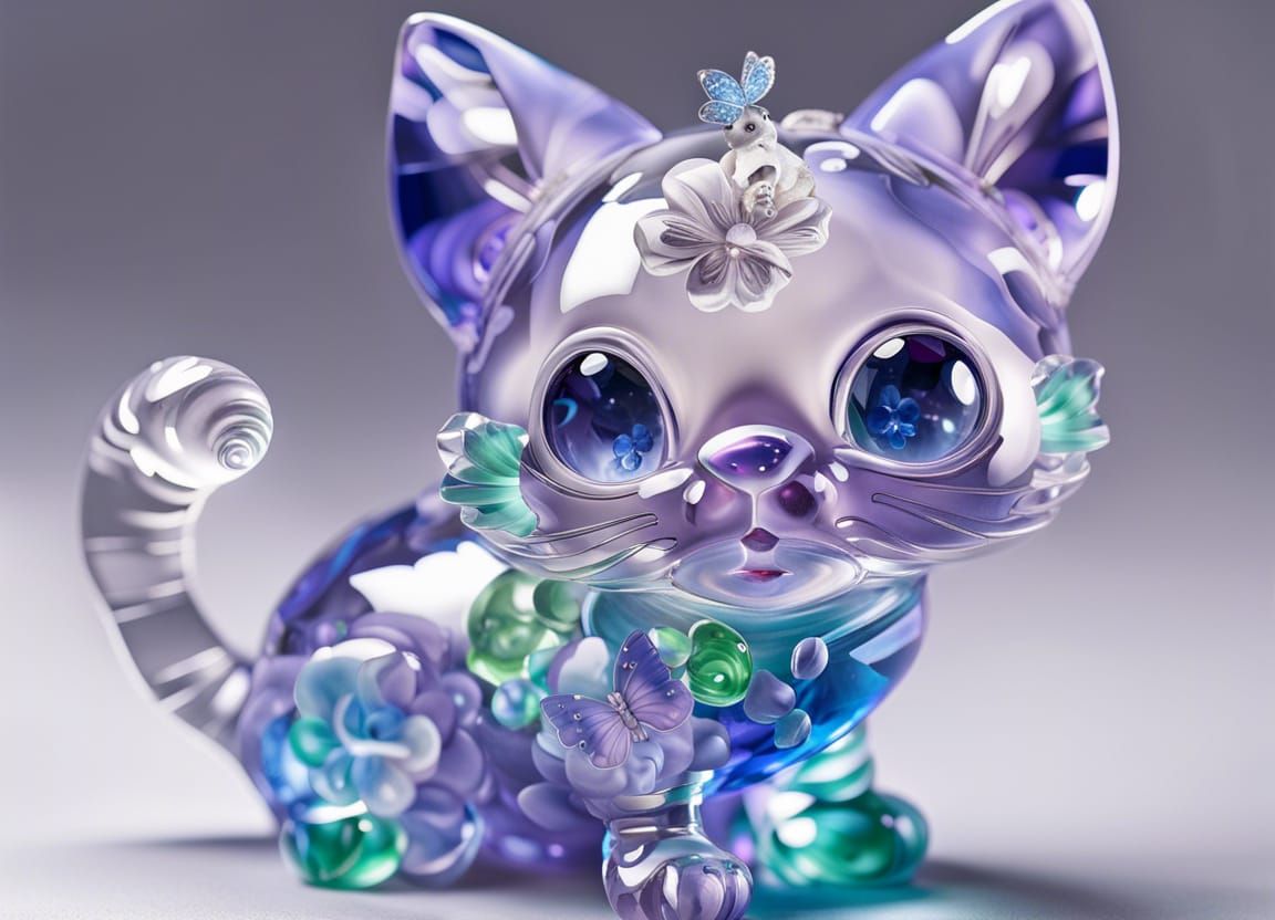 Blown Glass Cat Figurine with Flowers and Butterflies