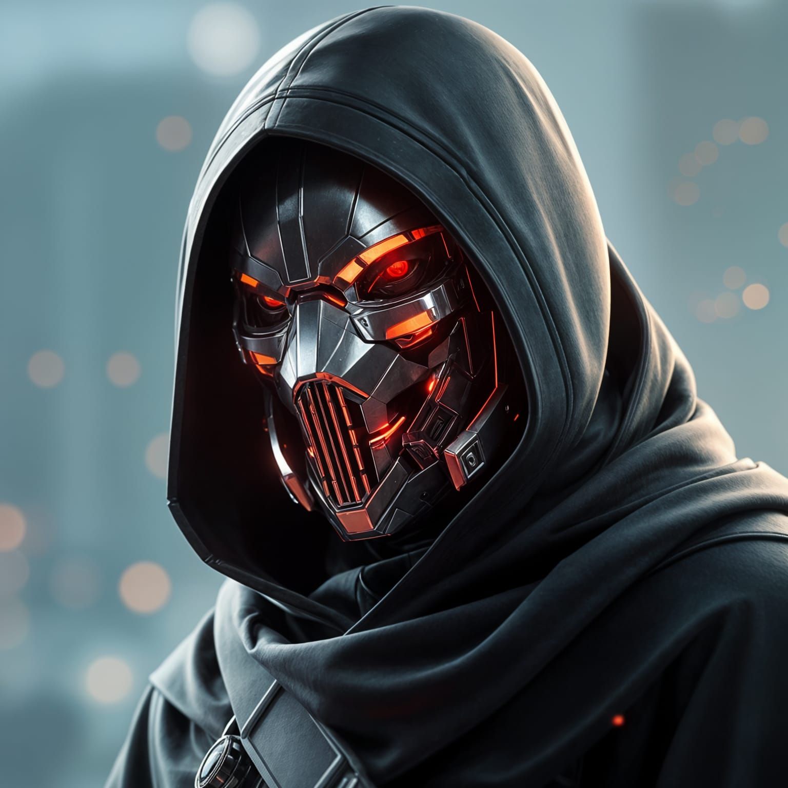 Mysterious Cyberpunk Vigilante in Metallic Robotic Mask