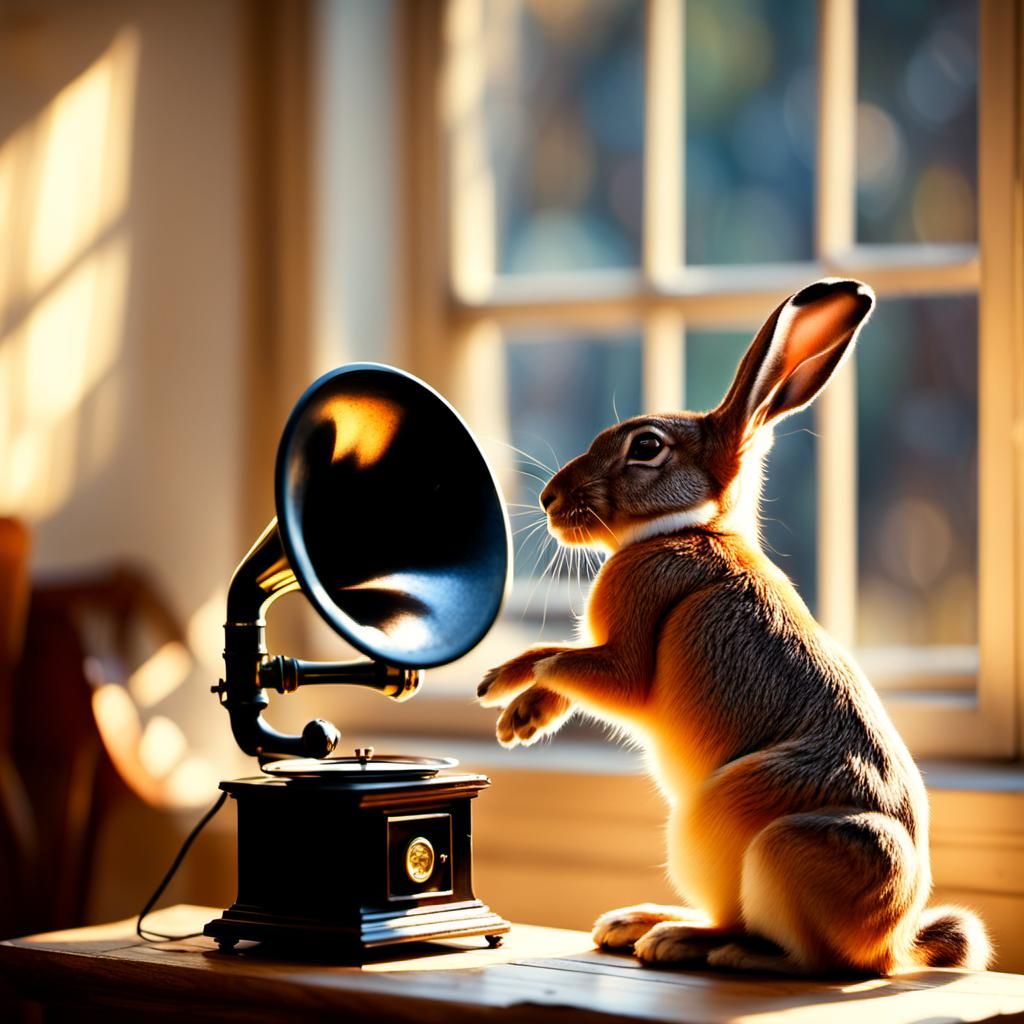 Hare Listening to Music in Attic Sunlight