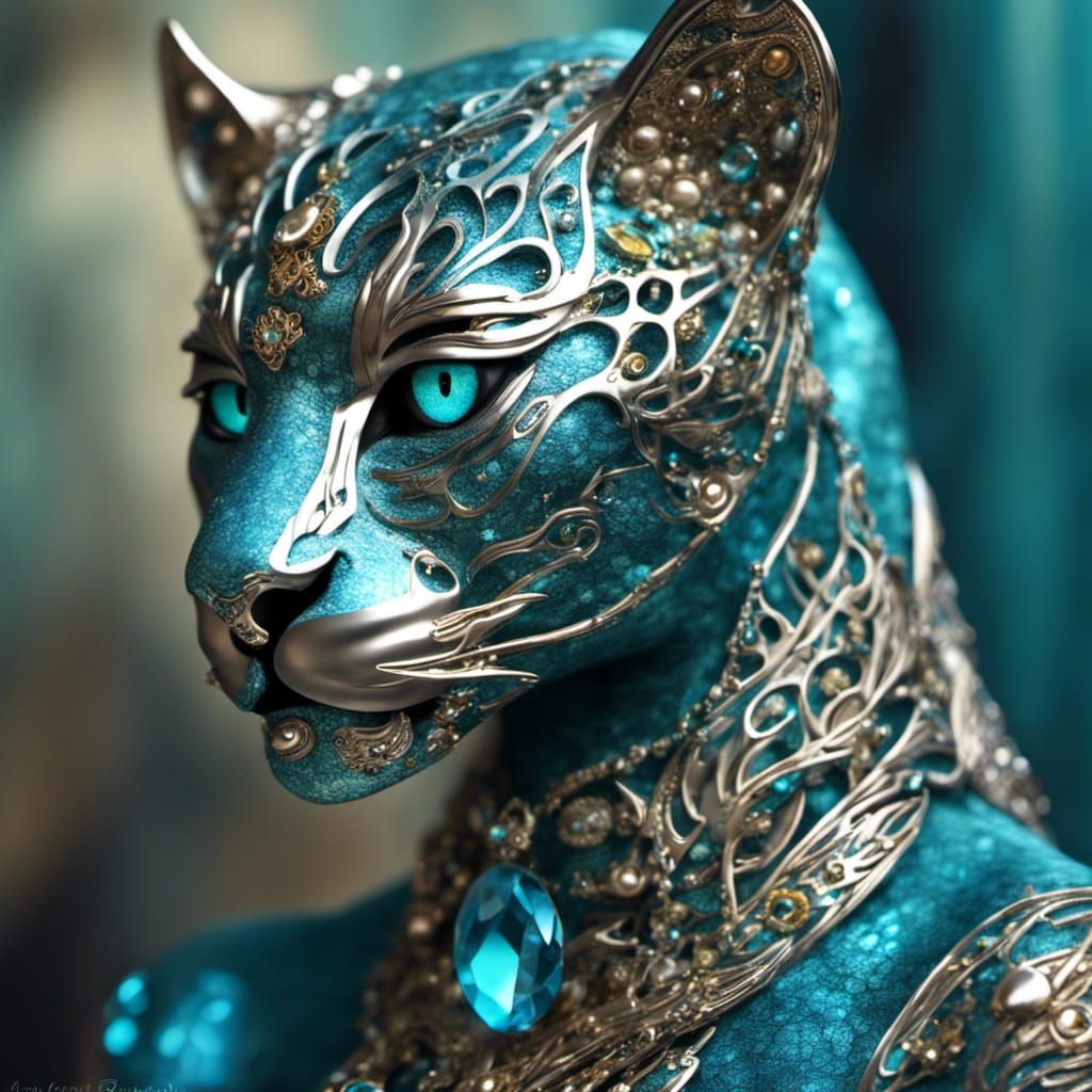 Surreal Metallic Jaguar with Feathers and Jewels