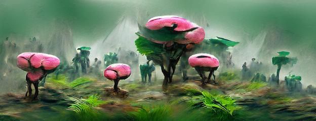 Misty Green Jungle Planet with Pink Mushrooms