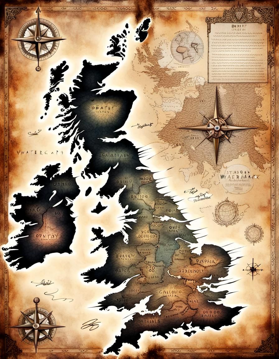 Fantasy Map of Britain in Vintage Cartography Style