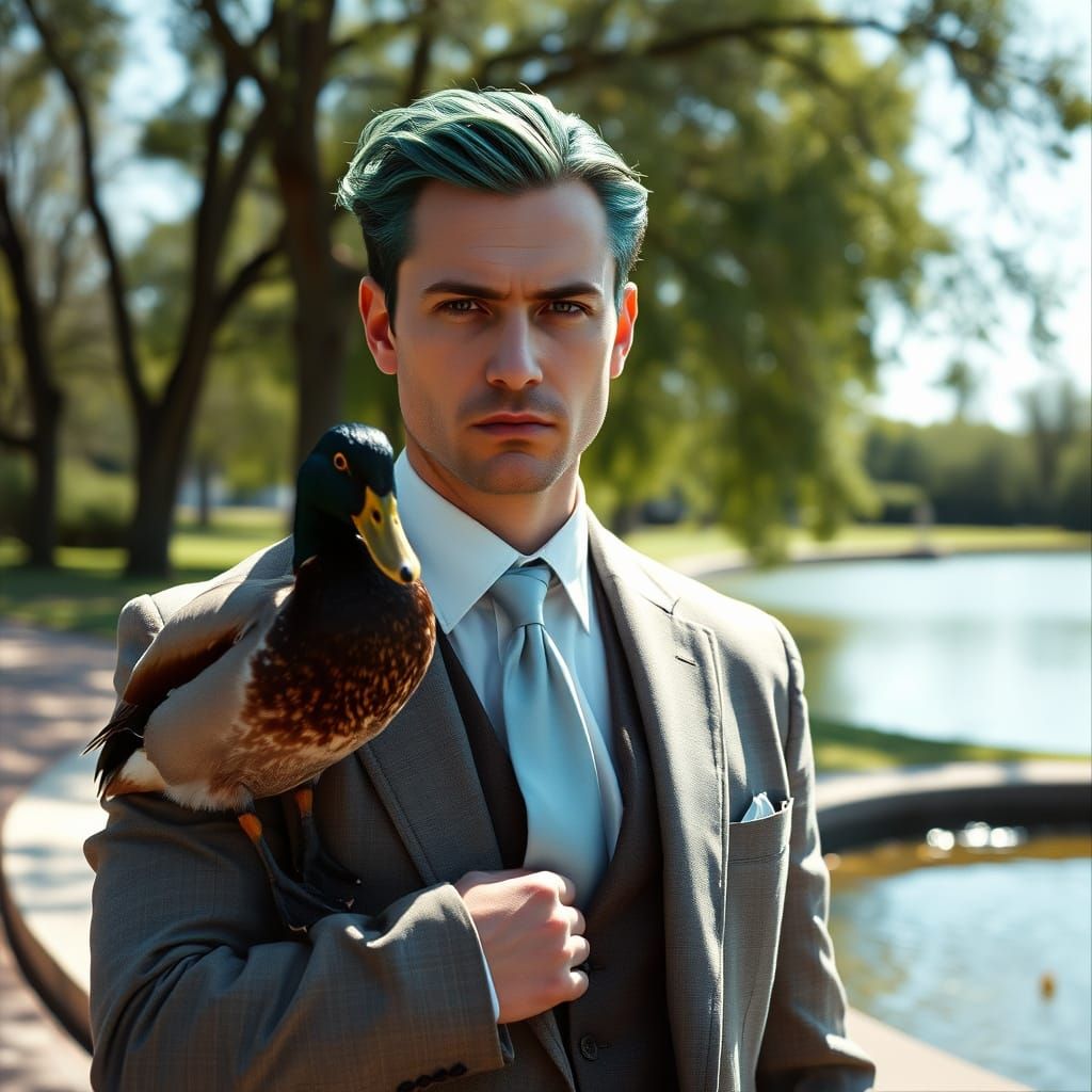 Serious Gentleman with Realistic Duck in Sunny Park