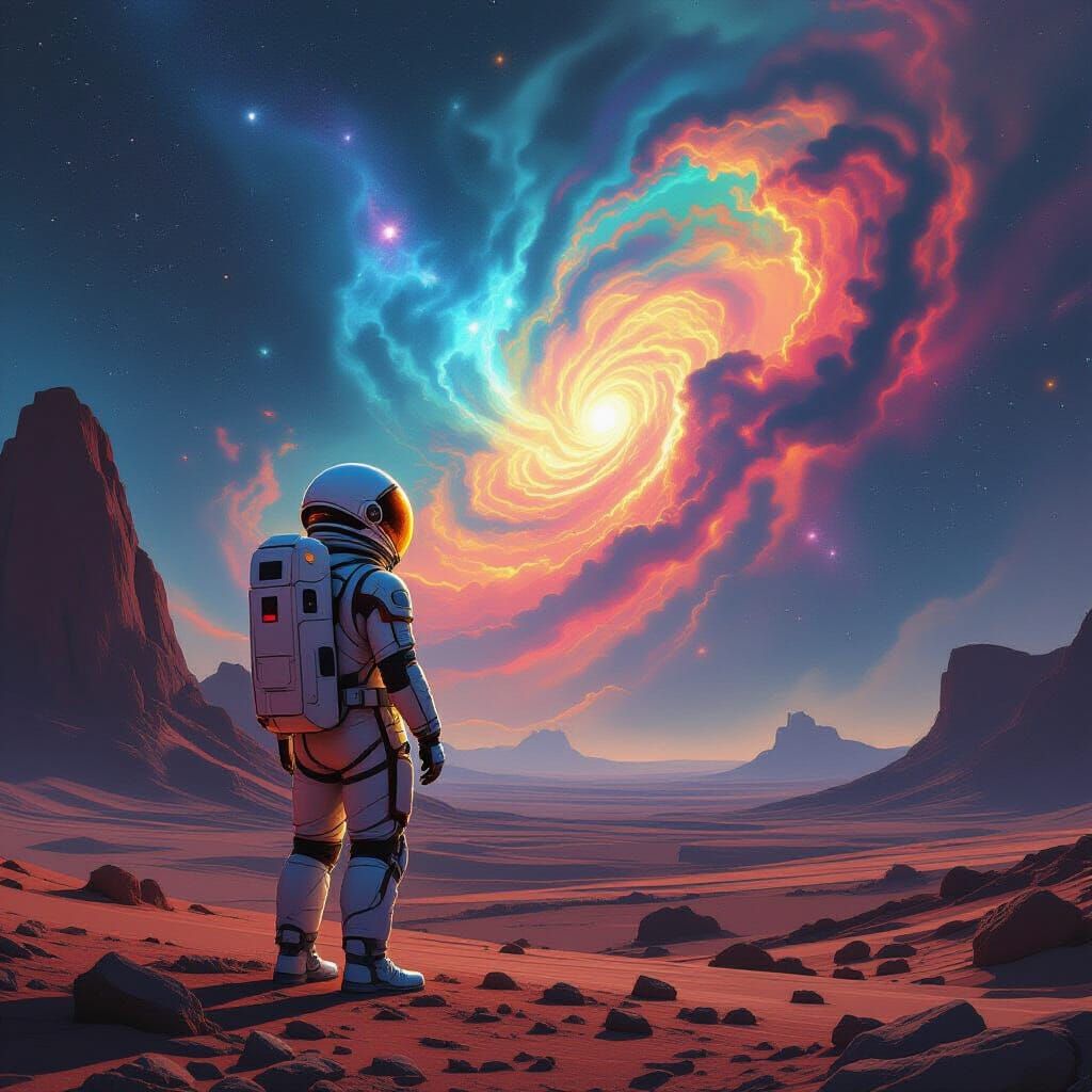 Astronaut Gazing at Nebula, Futuristic Concept Art