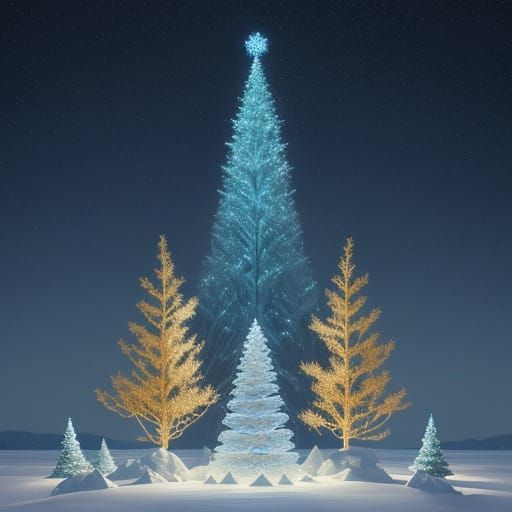 Glowing Ice Cavern Christmas Scene with Poinsettias