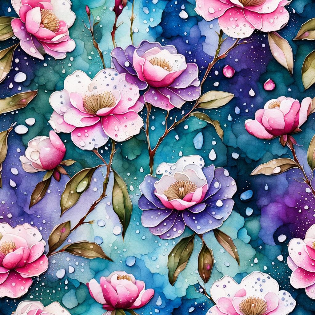 Dark Sage Violet Blue Abstract Alcohol Ink Splatter Flowers,...