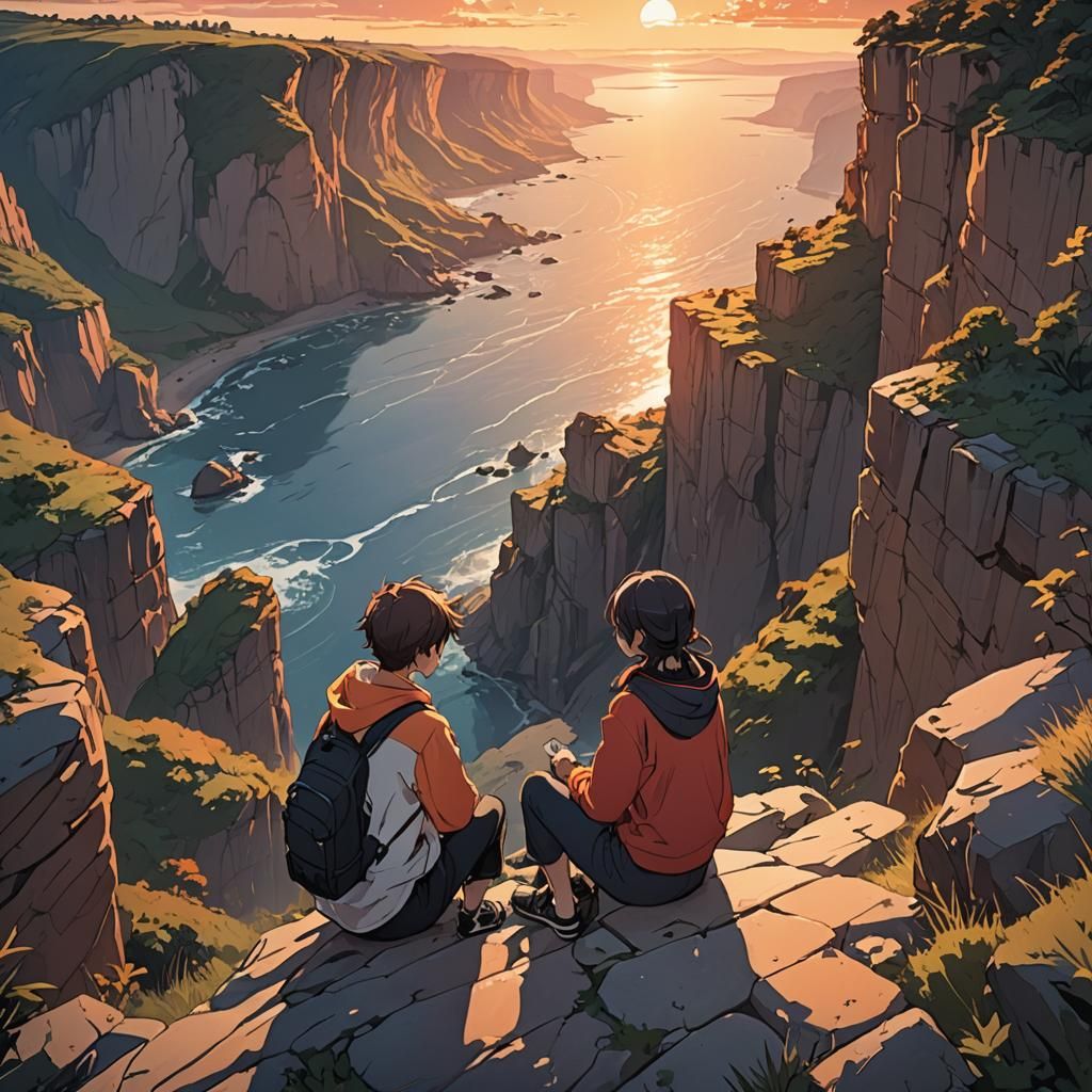 Anime Sunset Cliffside Scene: Cel-Shaded Digital Art