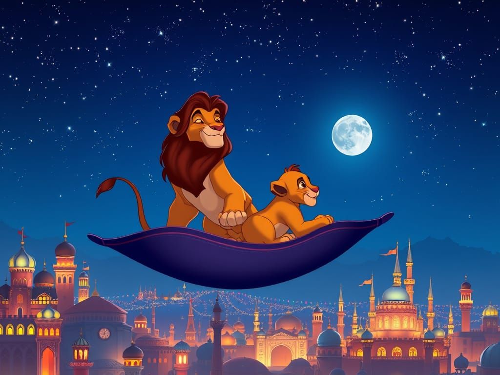 Surreal Lion Kings Soar Over Enchanted Agrabah in a Dreamlik...