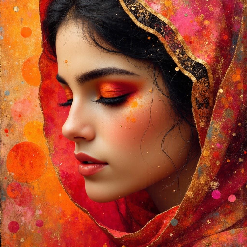 Contemplative Indian Bride Portrait in Mixed-Media Style