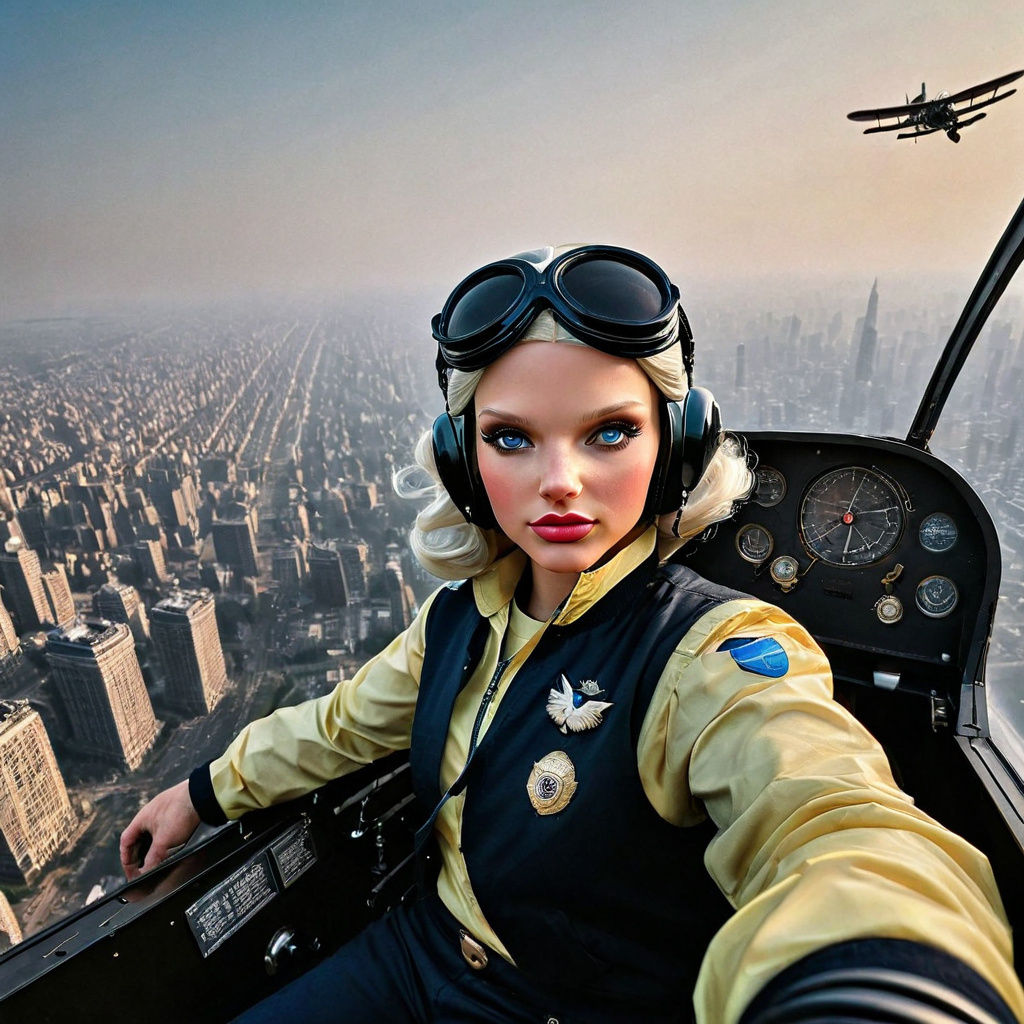 Vintage Pilot Waves from Ancient Biplane Over City Skyscrape...