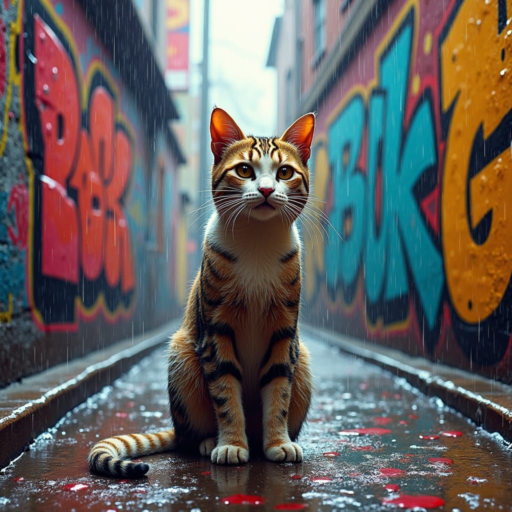 Drenched Cat in Graffiti Alley: Polychromatic Street Art