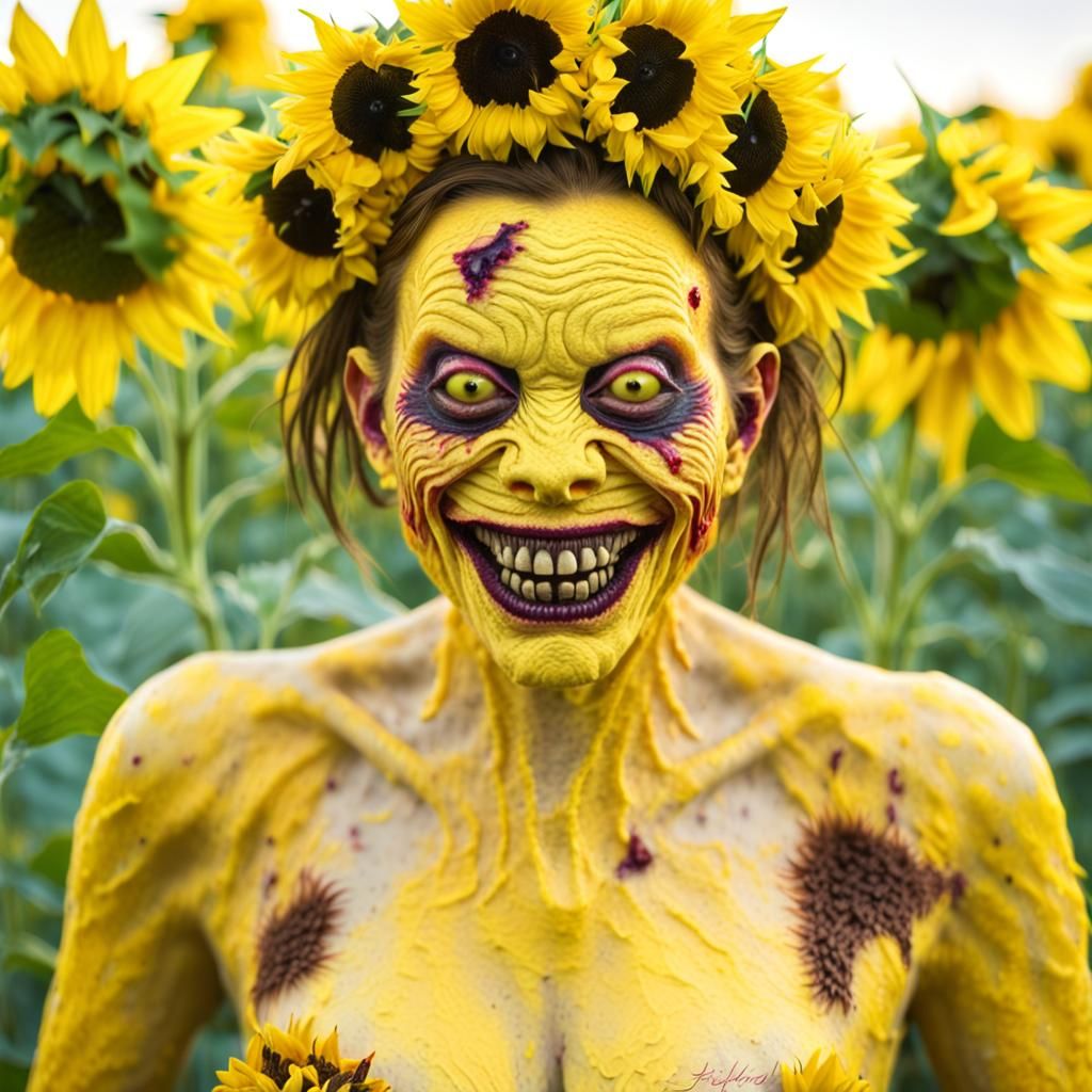 Zombie Monkey Clown in Sunflower Field