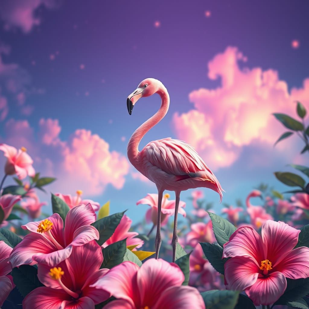Surreal Pink Flamingo Amidst Vibrant Hibiscus in a Futuristi...
