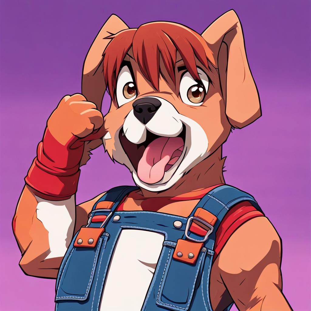 2d Archie comics style cartoon tough little puppy wearing du...