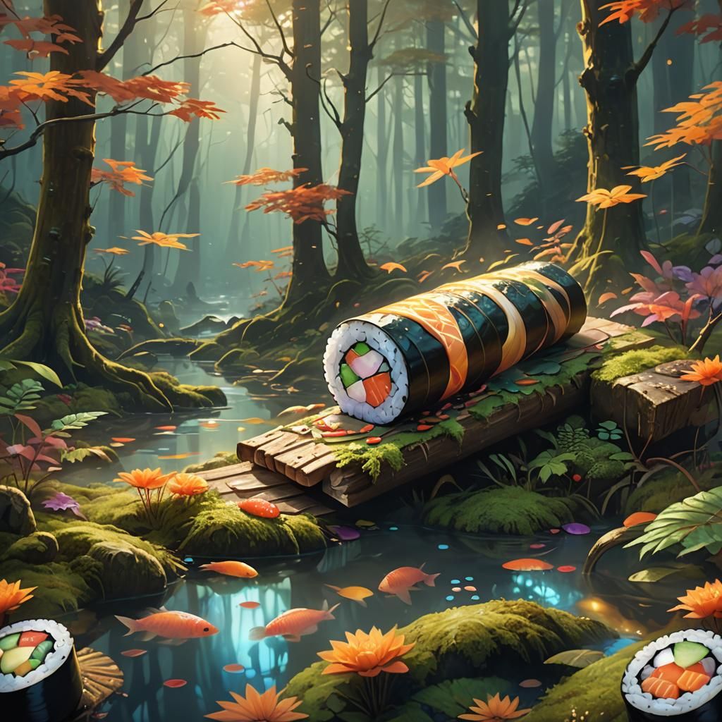 Glowing Sushi Roll in Misty Forest: Surreal Concept Art