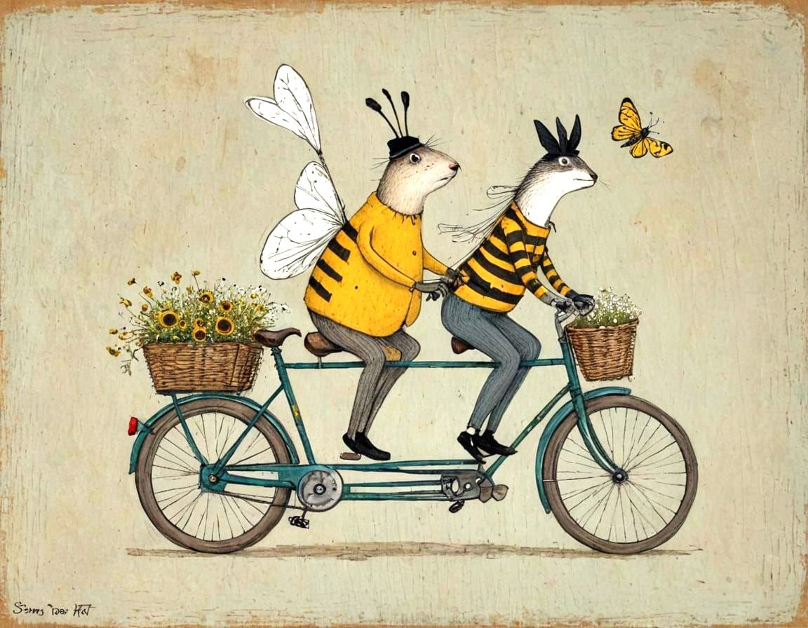 Whimsical Tandem Bike Ride in Naive Art Style