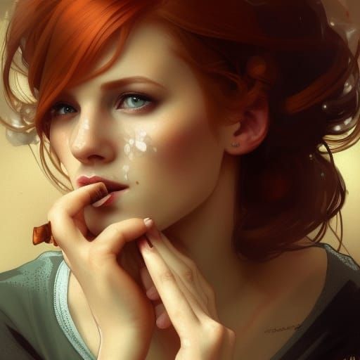 Redhead Woman Smoking in Cafe: Digital Art Portrait