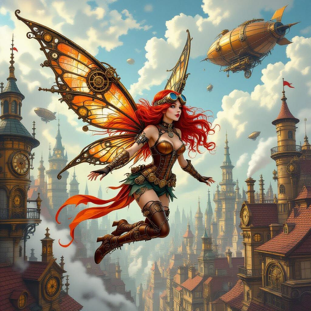 Steampunk Fairy Soaring Through Clockwork City